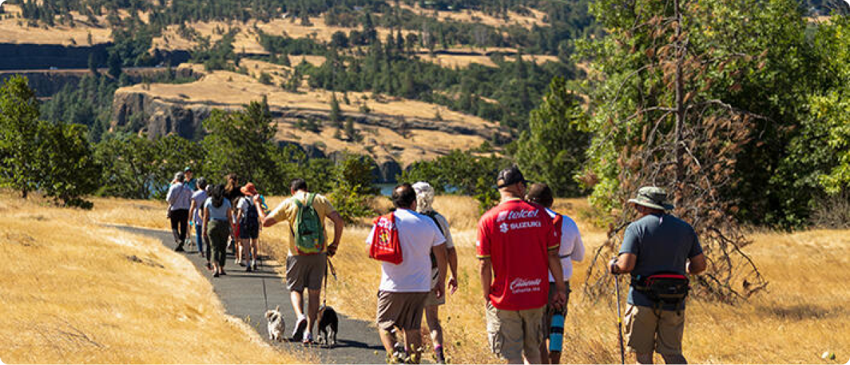 A group of people hiking in the gorge on a sunny day.