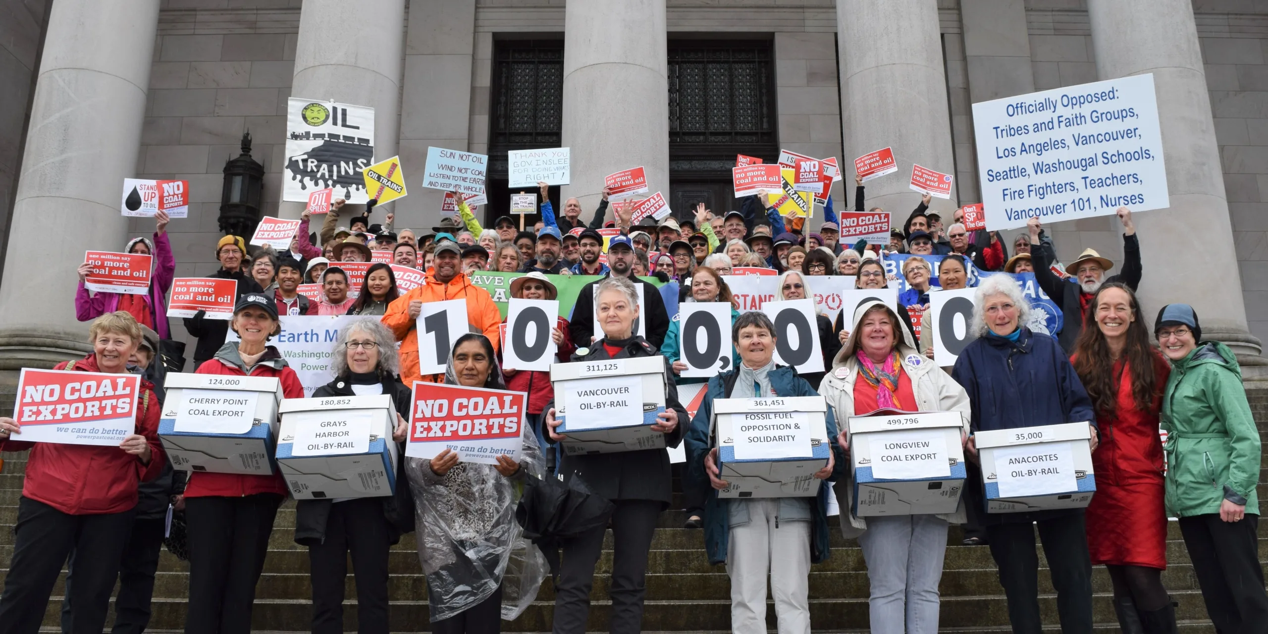 Activists deliver petitions against fossil-fuel terminals to the Washington State Capitol in Olympia, 2017. (photo courtesy of Stand Up to Oil coalition)