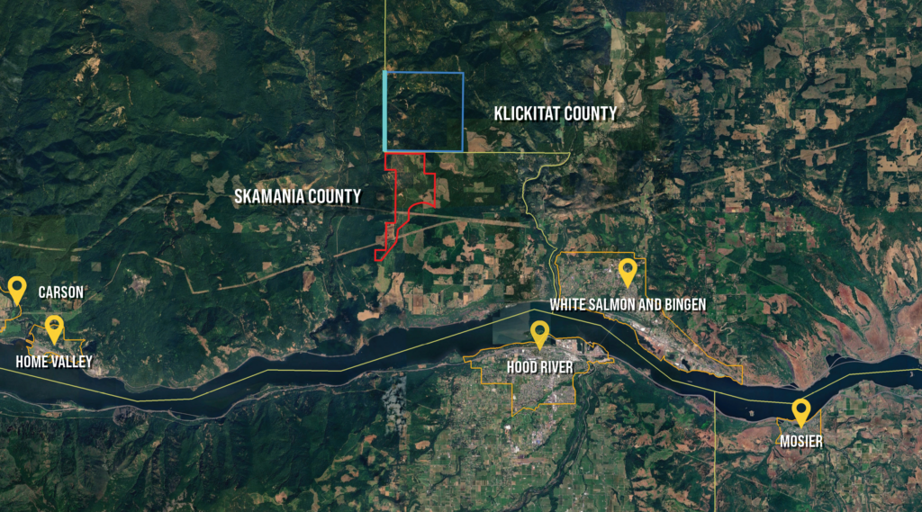 The proposed Whistling Ridge project site boundaries were enormous, totaling approximately 5.80 square miles on both public lands in Klickitat County (outlined in blue) and private lands in Skamania County (outlined in red)—equivalent to the combined sizes of the designated urban area boundaries for White Salmon, Bingen, and Mosier (which total approximately 5.81 square miles). Yellow lines denote county boundaries. Orange lines depict urban area boundaries. Image generated in Google Earth.