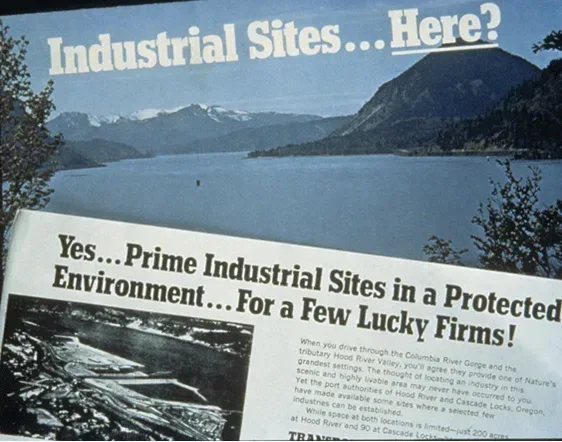 A 1970s advertisement enticing industrial businesses to relocate to the pre-Scenic Area Act Gorge. Photo from Friends' archive.
