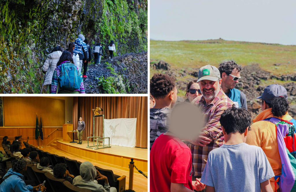 Seventh-grade students from St. Andrew Nativity School participated in a hike at Eagle Creek (top left), a raptor discovery program at the Columbia Gorge Discovery Center & Museum (bottom left), and a tour of Friends’ Dancing Rock Preserve with our late Land Trust Director Dan Bell (right). Photos by Monique Trevett and Kenzie Hammond, Friends of the Columbia Gorge.