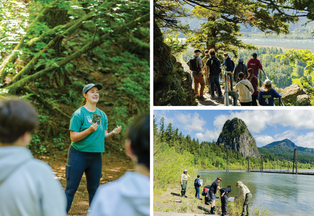 Sixth-grade students from Jemtegaard and Canyon Creek Middle Schools learned about Gorge botany from Friends’ Youth and Community Education Coordinator Kenzie Hammond (left), hiked up Beacon Rock (top right), and tested water quality on the Columbia (bottom right). Photos by Monique Trevett, Friends of the Columbia Gorge.