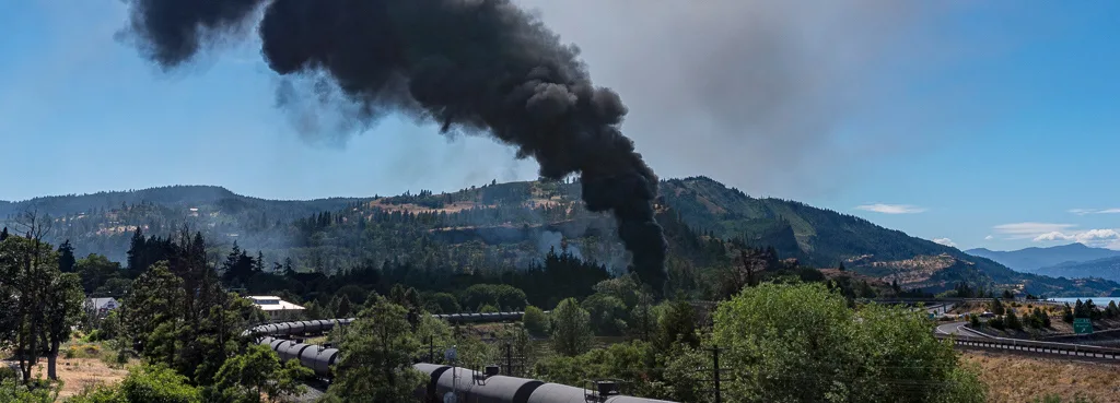 Smoke rises above the fire caused by a Union Pacific derailment and oil spill near the town of Mosier, OR, 2016. (photographer: Michael McKeag)