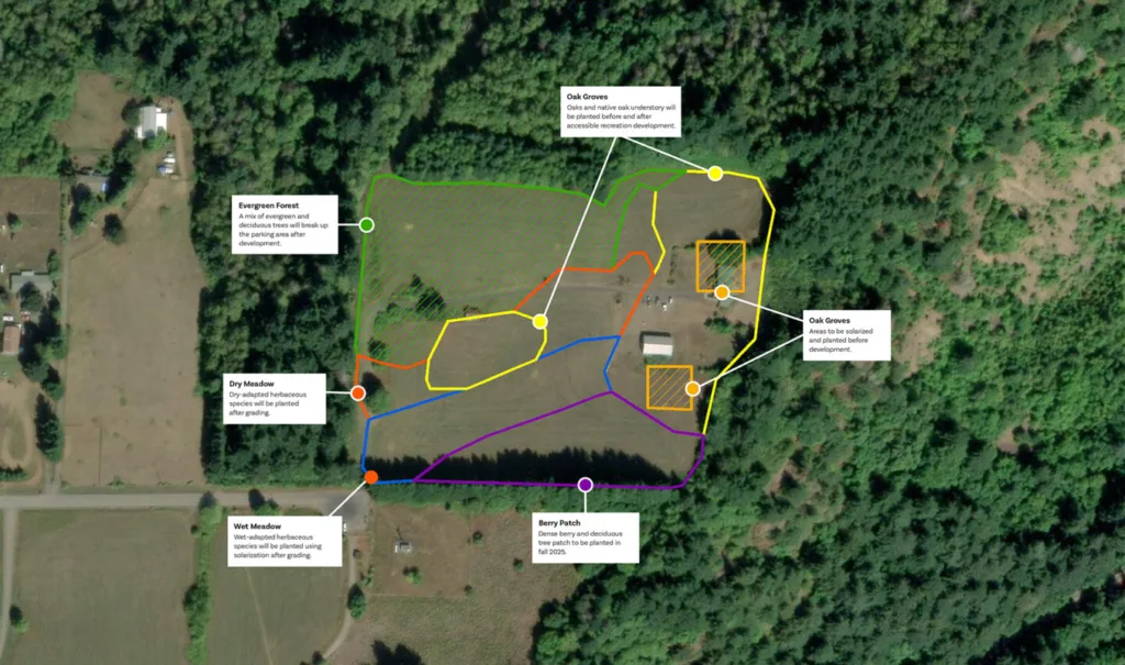 Funded by donations to Share the Wonder, our habitat restoration work at Cape Horn will include an evergreen forest, a berry patch, wet and dry meadows, and multiple oak groves.