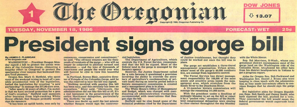 President signs gorge bill, clipping from The Oregonian