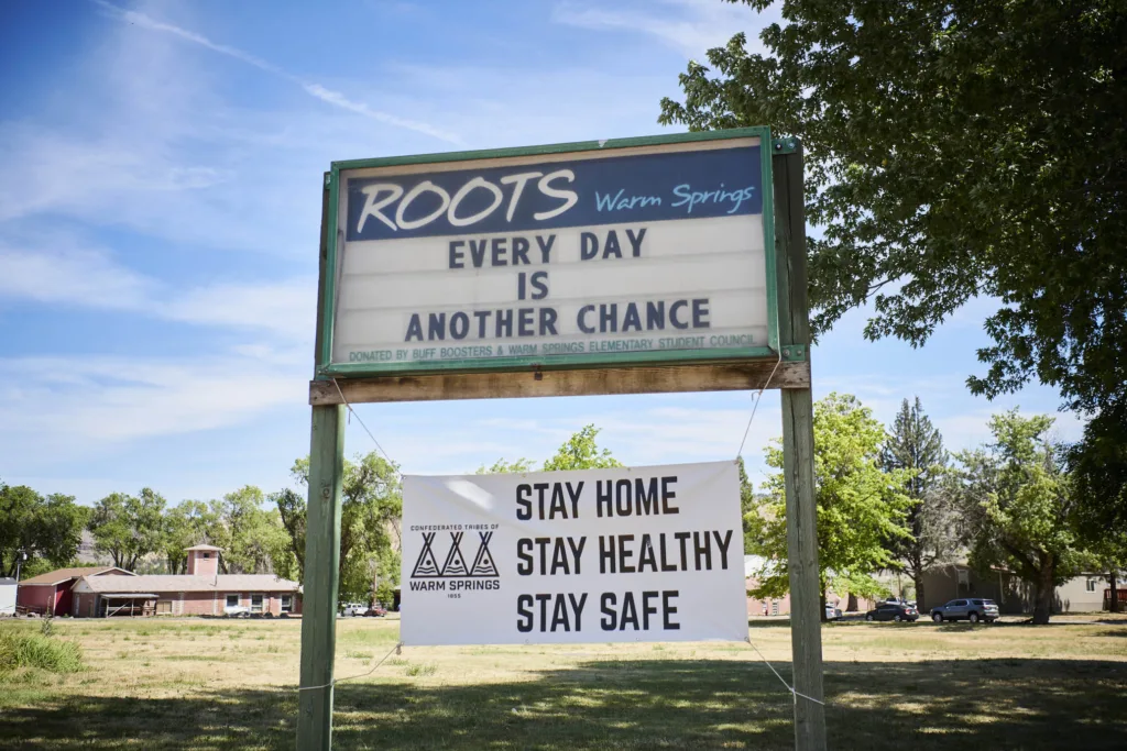 Community sign in Warm Springs. (photographer: Leah Nash)