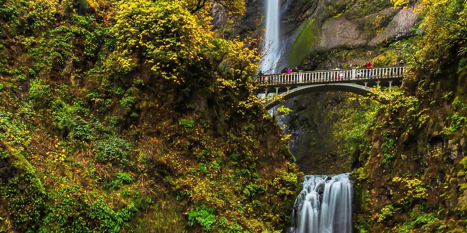 Autumn colors frame Benson Bridge and Multnomah Falls. Photo by Mike Bracy.