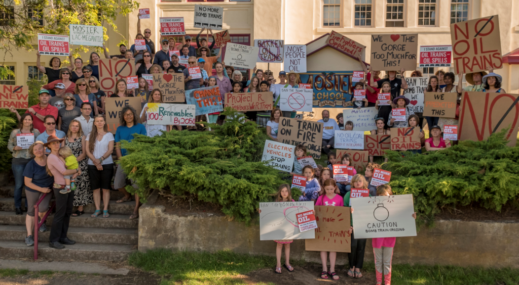 Mosier residents rally against UP rail expansion proposal, 2016. (photographer: Robin Dickinson)
