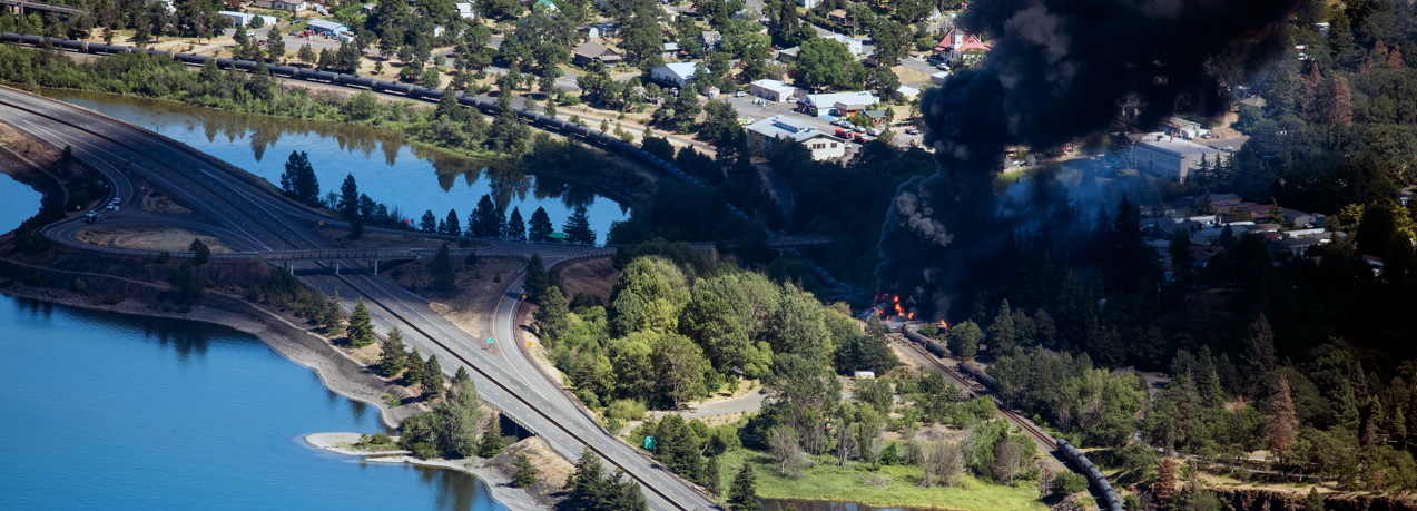 Aerial shot of the Union Pacific unit oil train derailment and fire at Mosier, June 3, 2016. (photographer: Paloma Ayala)