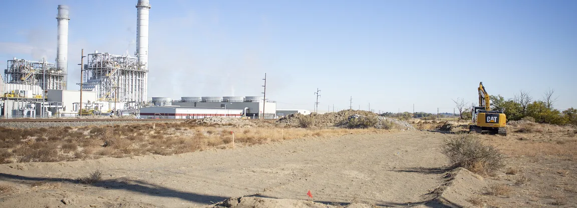 A cleared section of dirt marks the beginnings of a roadway on October 22, 2020, on the site where the Perennial Wind Chaser facility was once proposed, adjacent to the Hermiston Generating Project in Umatilla County. (photographer: Ben Lonergan, East Oregonian)