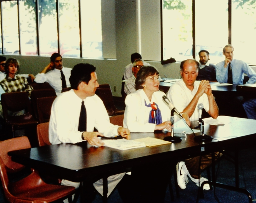 May 10, 1994: From left to right, Bowen Blair, Jr. (Trust for Public Lands executive director, Friends Board member), Friends Chairman Emeritus Nancy Russell, and Board Chairman Rick Ray testify in front of the Columbia River Gorge commission about the Gorge Commission's land acquisition policy. (photographer: Joe Walicki)