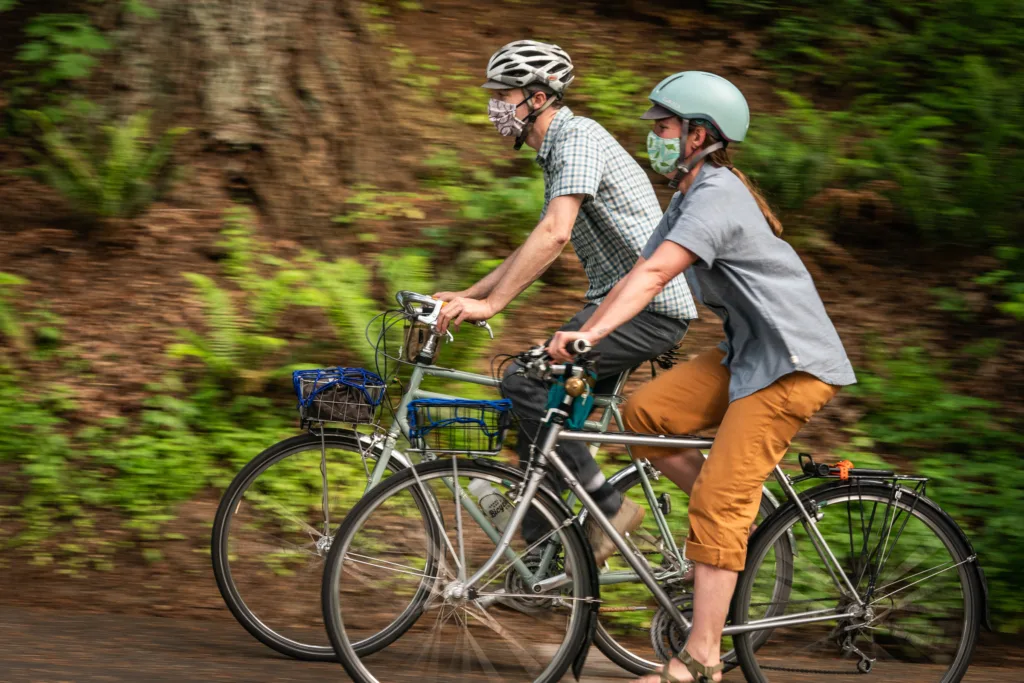 Biking with face coverings. (photographer: Dylan VanWeelden, Travel Oregon)