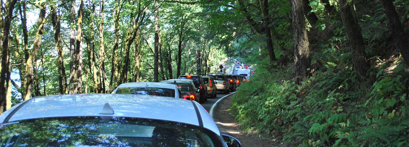Eastbound traffic backs up on the Historic Columbia River Highway on the approach to Multnomah Falls.