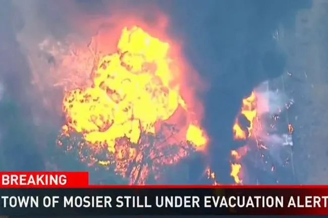 Screenshot from KGW news report about Mosier derailment and fire.