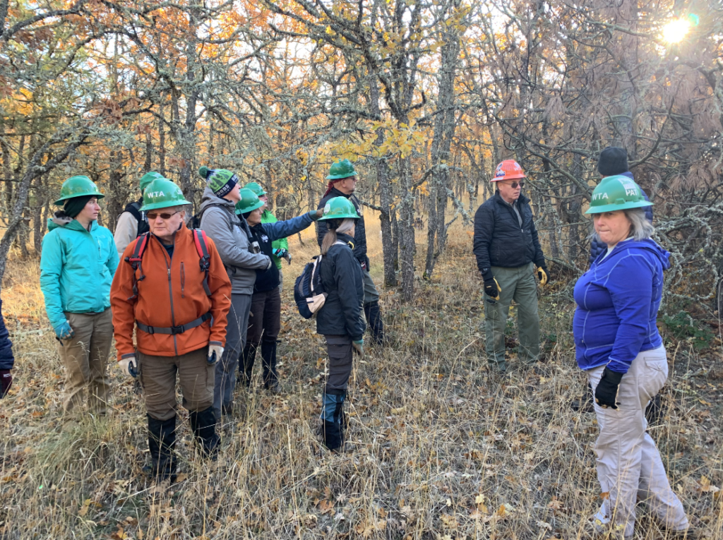 Washington Trails Association volunteers get briefed before starting work at Lyle Cherry Orchard. (photographer: Brandon Tigner)