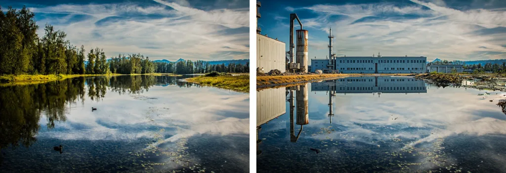 STEIGERWALD LAKE NATIONAL WILDLIFE REFUGE: The site of a proposed nuclear power plant in the 1970s, the land at Steigerwald was once zoned for industrial use and sits next to the Port of Camas-Washougal industrial park. Original photo on left by Kate Green.