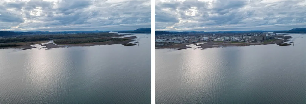 Sandy River Delta: Across from Troutdale’s industrial area, this land was once zoned industrial and was purchased by Reynolds Aluminum as environmental mitigation when emissions from its aluminum plant killed the cattle grazing on the property. Original photo on left by Monique Trevett.