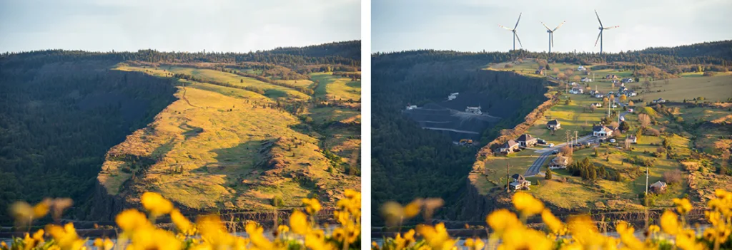 COYOTE WALL: With no land-use zoning in Klickitat County in the early 1980s, the development possibilities at Coyote Wall were endless. Mining, subdivisions, and energy development could have quickly subsumed this landscape. Original photo on left by Cate Hotchkiss.