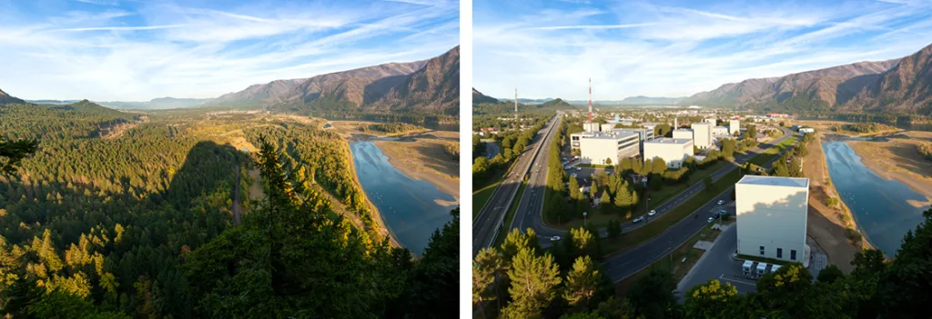 BEACON ROCK: The area near Beacon Rock was the site of a proposed subdivision in the early 1980s, a time when Skamania County had little to no zoning. With its proximity to the Columbia River, North Bonneville, and transmission lines, the area was very susceptible to intensive development. Original photo on left by Christian Platt.