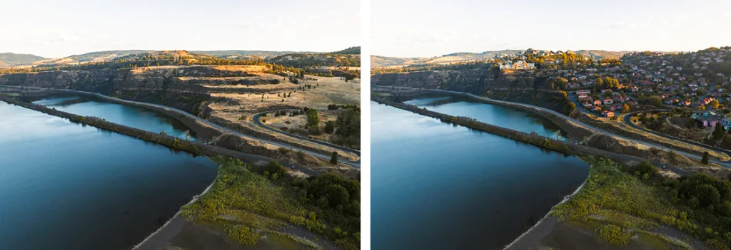HEARTLEAF BLUFFS: One of Friends’ newest preserves, this property sits in Klickitat County, where there were no zoning restrictions in the early 1980s. This area was ripe for development. Original photo on left by Paloma Ayala.