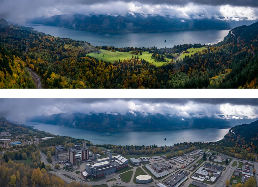 CAPE HORN OVERLOOK: The farmlands below Cape Horn sit just 30 minutes from the Portland-Vancouver metropolitan area and would have been susceptible to all kinds of development pressure, including industrial development. Original photo on top by Kenji Sugahara.