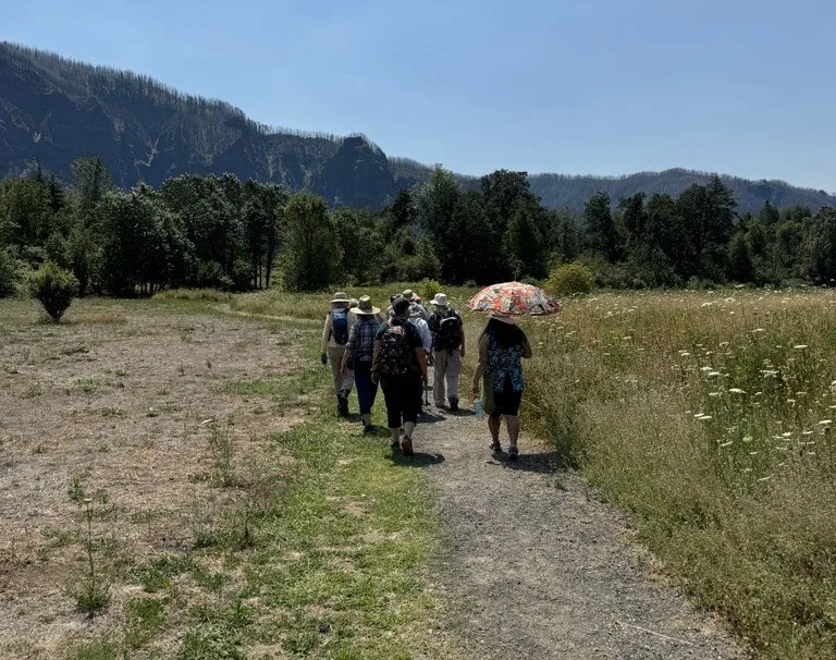 People walking on a paved trail with grass on either side and mountains in the background
